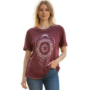 Zoe + Liv Burgundy Celestial Zodiac Sun Moon Burnout High-Low Graphic Tee XL